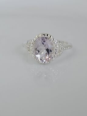 Genuine Kunzite Ring In Beaded Sterling Silver Setting Platinum Finish Size 7!